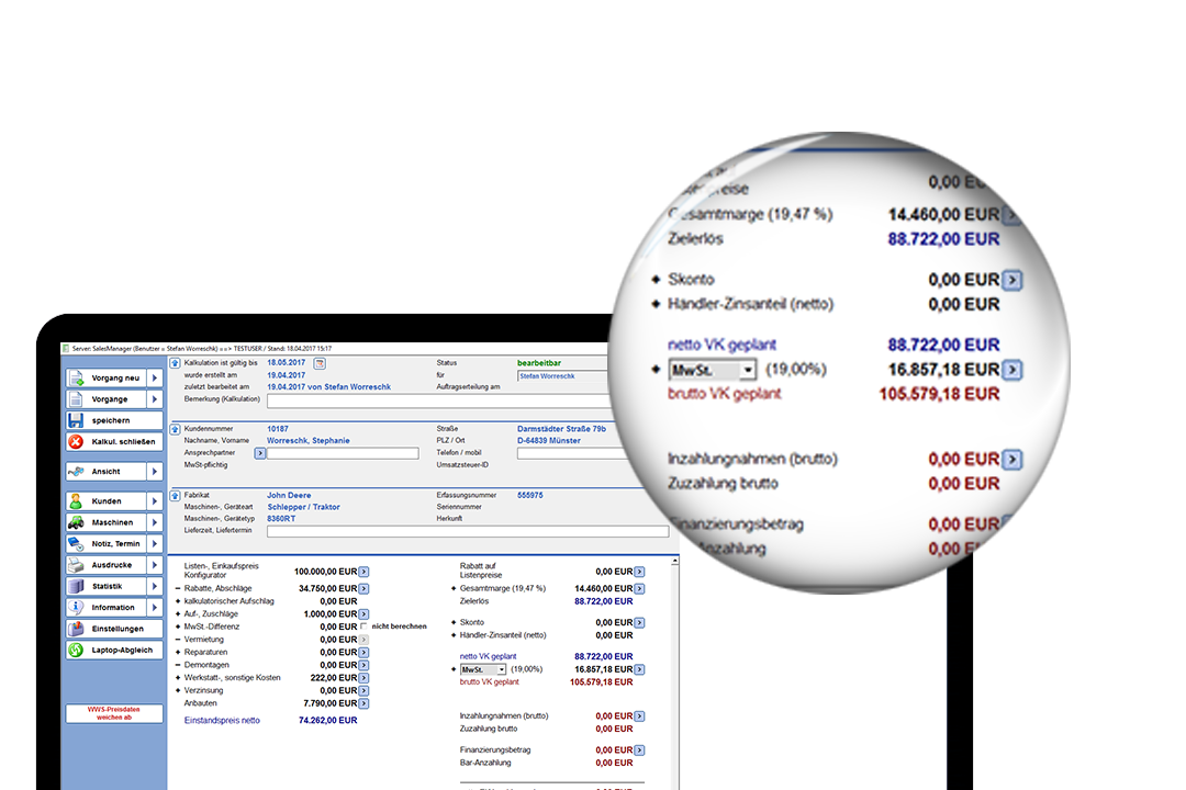 Laptop mit Screenshot von AMS Arista & AMS SalesManager Lupe vergrößert die Zahlen