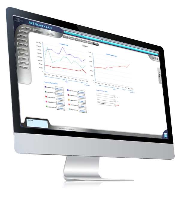 Bildschirm mit Abbildung der AMS FINANZ Software und grafischen Hochrechnungen