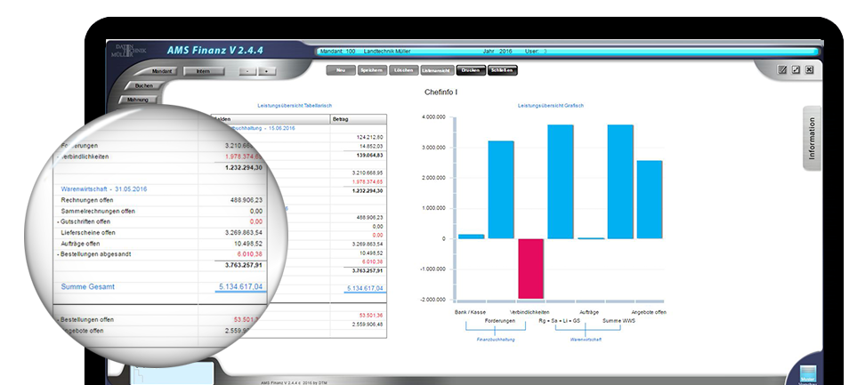 AMS FINANZ abgebildet auf Bildschirm mit grafischen Auswertungen aus der WWS und Finanzbuchhaltung, Lupe zeigt genaue Zahlen
