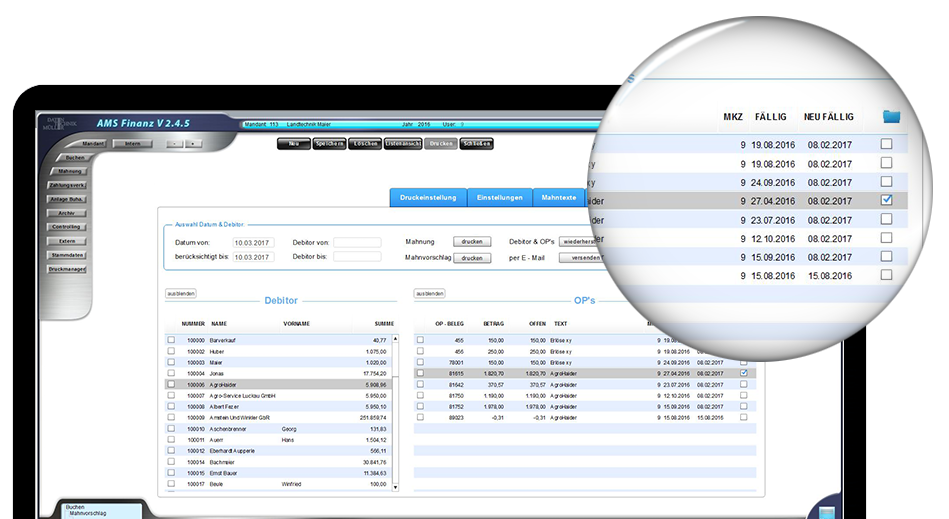 Bildschirm mit Screenshot aus AMS Finanz zeigt vereinfachten Mahnungslauf, Lupe vergrößert einen Teil des Screens